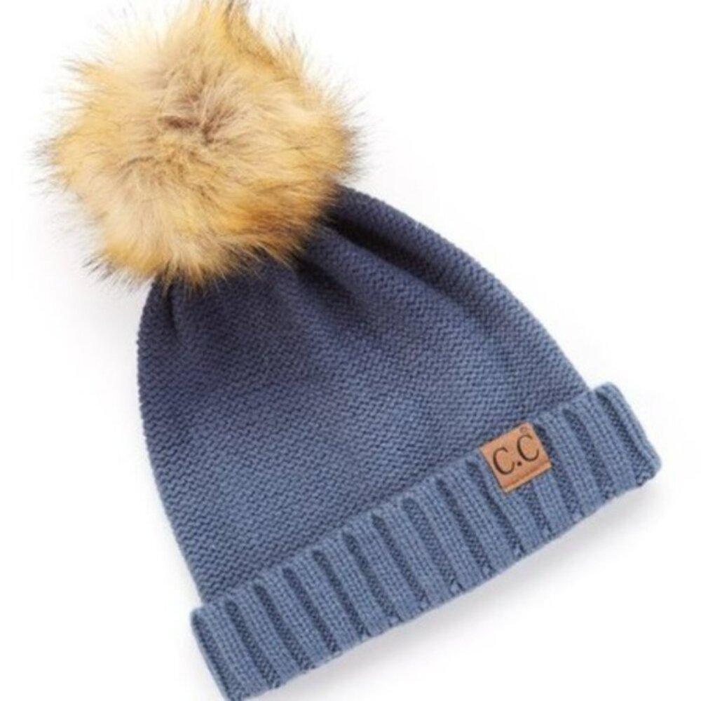 C.C. Boutique | Navy Ombré Faux Fur Pom-Pom Beanie | Size Adult